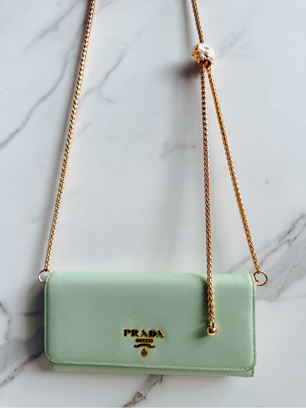 Prada Saffiano Mint green leather wallet on chain 🍃